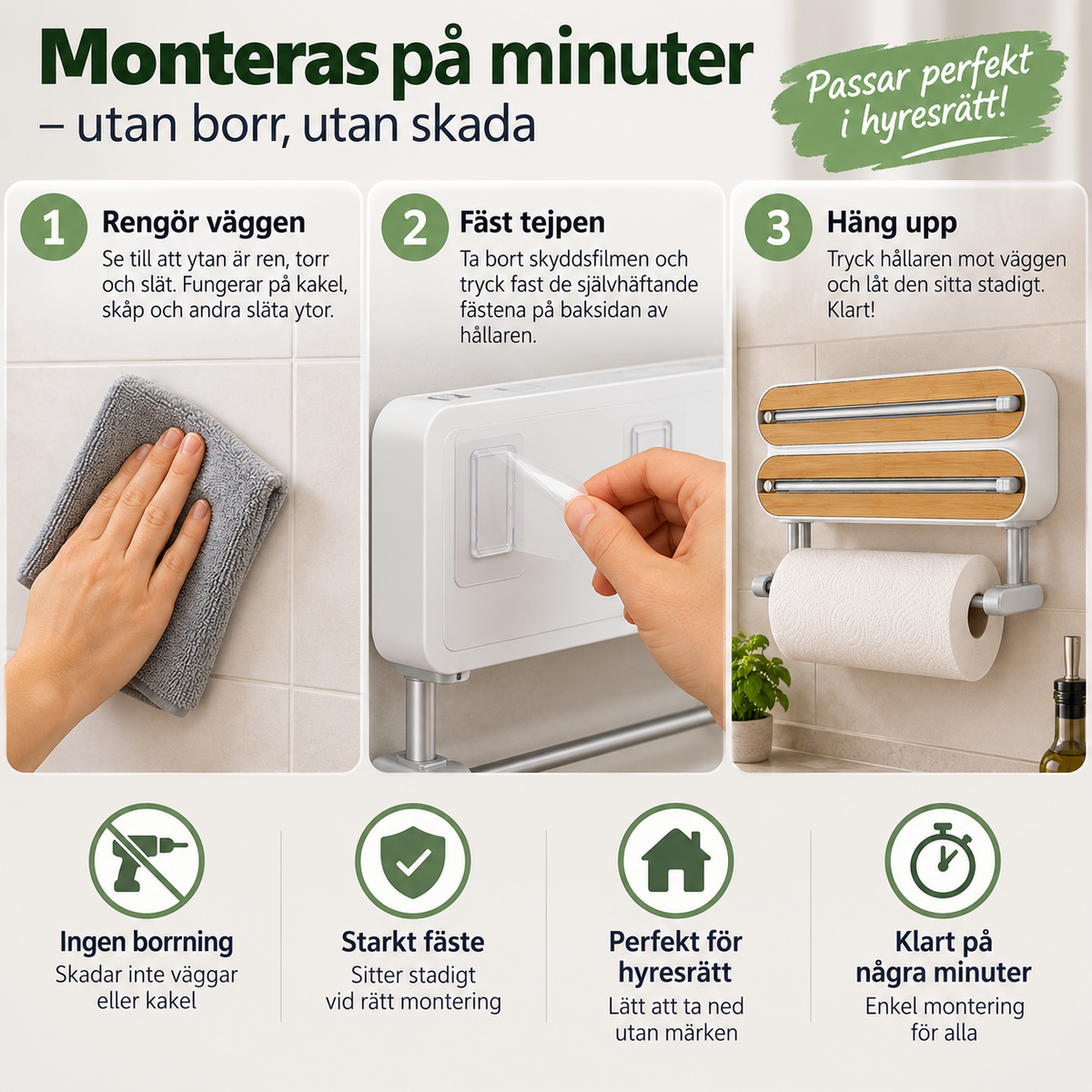 Rullhållare för köket - Folie, bakpapper och hushållspapper, alltid redo på väggen